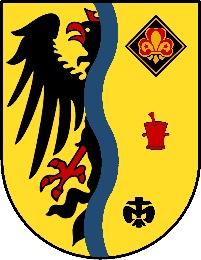 Wappen der Pfadfindergilde Cosmas und Damian: schwarzer Adler und Pfadfinder-Lilie auf gelbem Grund