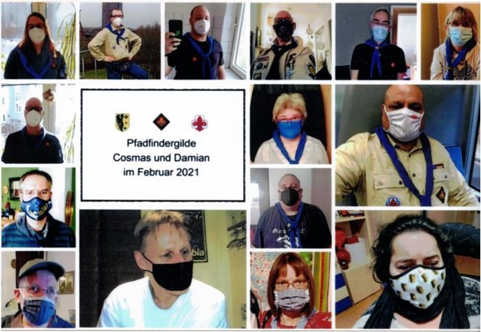 Collage aus 15 Einzelportraits mit Mundschutz, Mitglieder der Pfadfindergilde Cosmas und Damian im Februar 2021